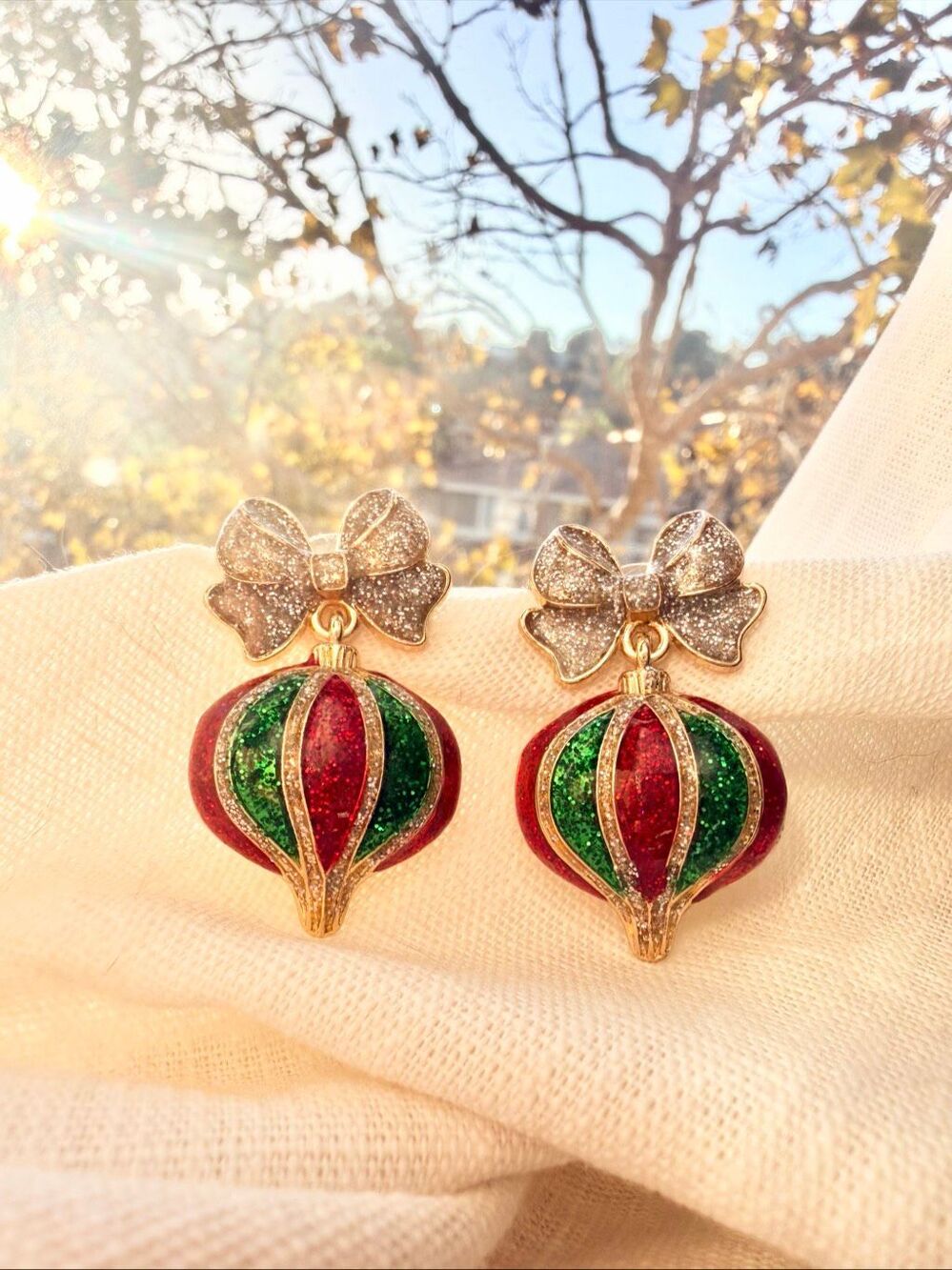 Christmas Ornament Bow Drop Earrings Red Green Glitter Holiday